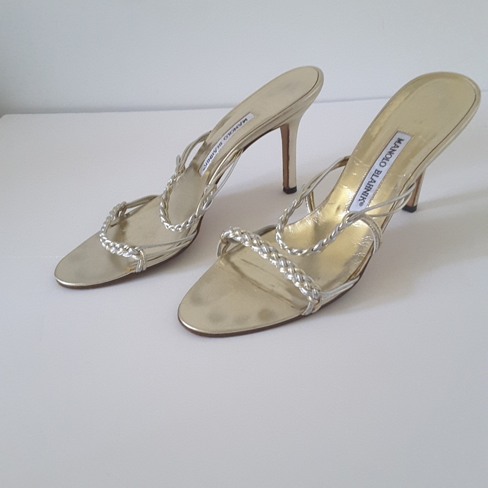 *SOLD* Manolo Blahnik Metallic Leather Slides